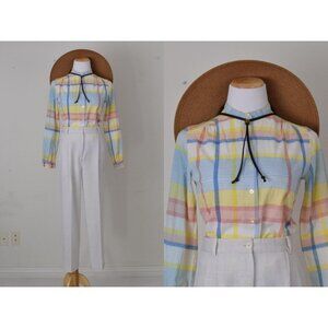 Vintage 80s Plaid Long-Sleeves Cotton Pastel Button-up‎ Blouse